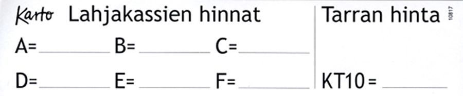 Hintatarra lahjakassien ja tarrojen hinnat A-F KT10 blanco